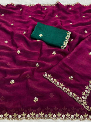 Sanjana Silks Embellished Bollywood Chiffon Saree(Magenta)