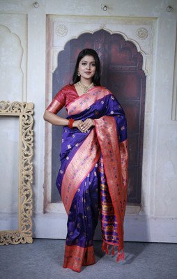 fospy Woven Banarasi Jacquard, Pure Silk Saree(Blue)