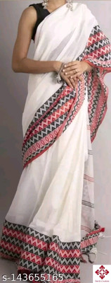 SMRITI BOUTIQUE Solid/Plain Handloom Cotton Blend Saree(White)