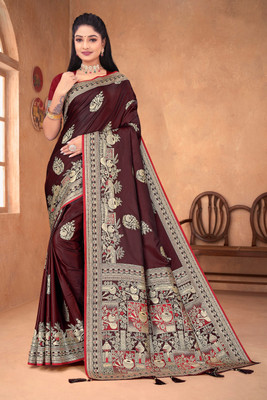 Riwayat Luxury Woven, Floral Print, Temple Border Banarasi Pure Silk Saree(Multicolor)