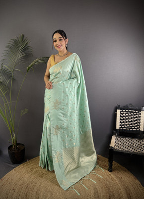 Divastri Printed Banarasi Cotton Silk Saree(Light Blue)