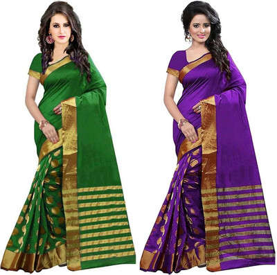 Rofolav Embellished, Solid/Plain, Striped Daily Wear Chanderi, Cotton Silk Saree(Pack of 2, Green, Purple)