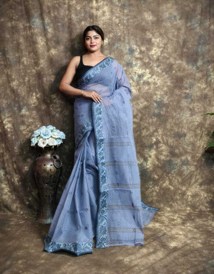 TANTSHREE Self Design Tant Pure Cotton Saree(Grey)