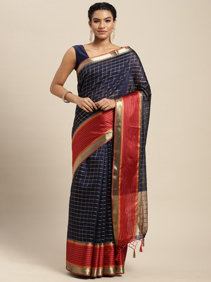 MIMOSA Checkered Banarasi Art Silk Saree(Dark Blue)