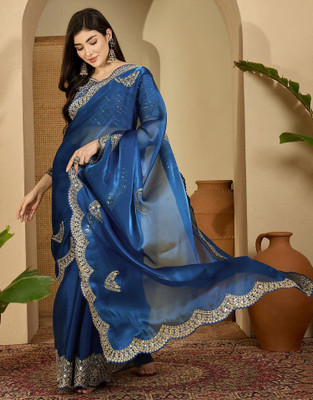 Satrani Embroidered, Embellished Bollywood Tissue, Jimmy choo Saree(Blue)
