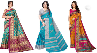 ANIRAV Printed Kasavu Art Silk Saree(Pack of 3, Blue, Grey, Yellow)