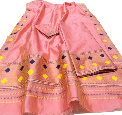 AXOMIYA Printed Mekhela Chador Silk Blend Saree(Pink)