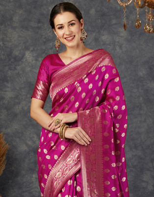 Samah Woven, Self Design Banarasi Art Silk Saree(Pink, Gold)