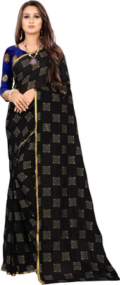 Florona Enterprise Printed Chanderi Net, Chiffon Saree(Black)