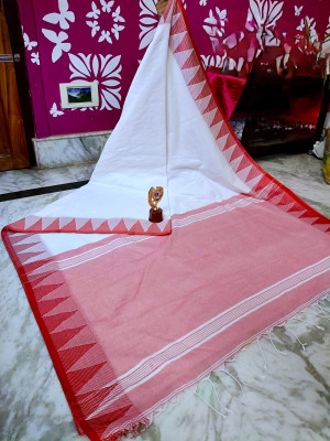 Maasaree Solid/Plain Tant Pure Cotton Saree(White, Red)