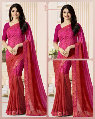 peer store Printed, Self Design, Digital Print, Embroidered, Floral Print, Solid/Plain Daily Wear Georgette, Chiffon Saree(Pink)
