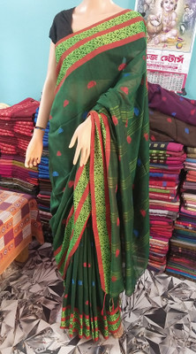 Tantikatha Woven Handloom Pure Cotton Saree(Dark Green)