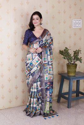 FASHION STROM Printed Bollywood Silk Blend Saree(Blue)