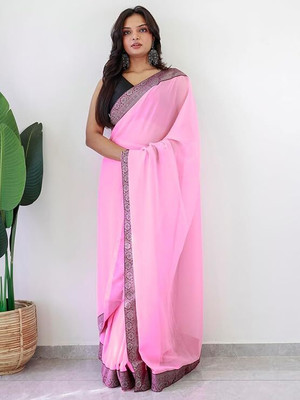 MM VENTURE Solid/Plain Bollywood Georgette Saree(Pink)