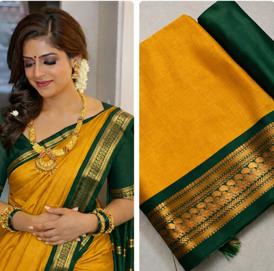 Fashion Club Collection Woven Bollywood Cotton Silk Saree(Gold, Green)