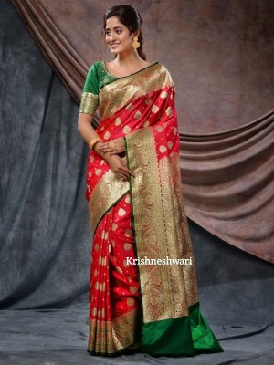 Kanokanjoli Self Design Tant Cotton Blend Saree(Red, Green)