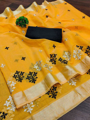 Vleez Embroidered Chettinadu Chanderi Saree(Yellow)