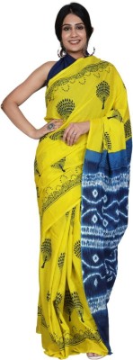 Jaipuri Print Printed Daily Wear Pure Cotton Saree(Yellow, Blue)