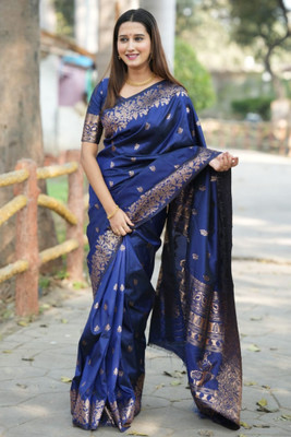 ROOP LAVANYA Woven Kanjivaram Cotton Linen, Jacquard Saree(Dark Blue)