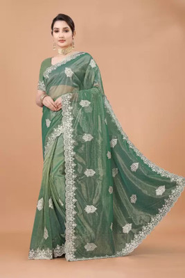 VKARAN Embroidered Bollywood Supernet Saree(Light Green)