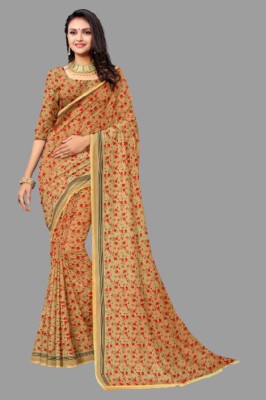 YaminiCreation Floral Print Bollywood Polyester Saree(Yellow)