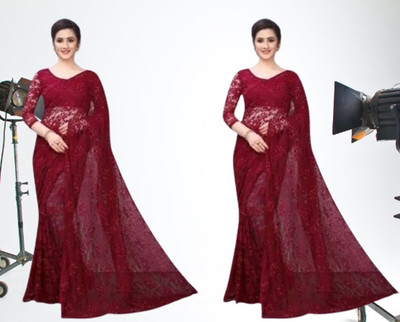online bazaarr Self Design Bollywood Net Saree(Pack of 2, Maroon)