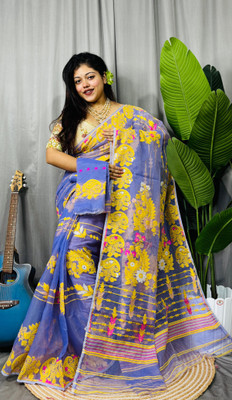 Revival Woven Jamdani Cotton Blend Saree(Light Blue)