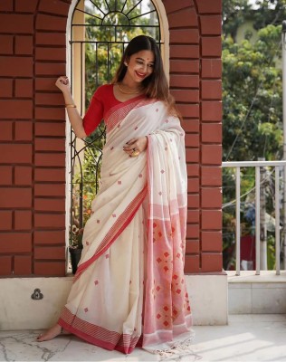 Anjaneya Sarees Woven Chanderi Cotton Silk Saree(White)