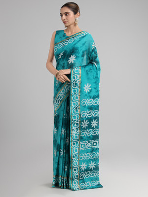 Sareemall Printed Hand Batik Cotton Blend Saree(Light Blue)