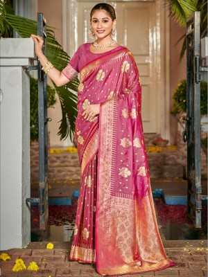 BUNAWAT Woven Handloom Silk Blend Saree(Pink)