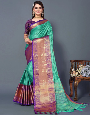yourwish Woven, Checkered, Embellished, Self Design Narayanpet Jacquard, Cotton Silk Saree(Light Blue)