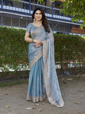 THE URBAN DIVA Embroidered Bollywood Chiffon, Organza Saree(Light Blue)