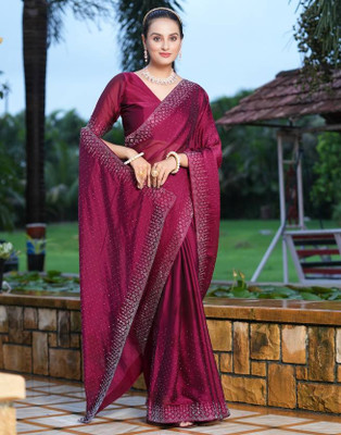 Prelax Embroidered, Embellished Saree with Attached Blouse Georgette Saree(Purple)