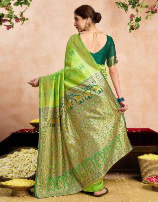 WILLMAKE Printed, Applique, Embellished, Floral Print, Woven Bollywood Jacquard, Art Silk Saree(Light Green)