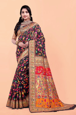 RIVETSTYLE Floral Print Bollywood Semi-Pashmina Saree(Black)