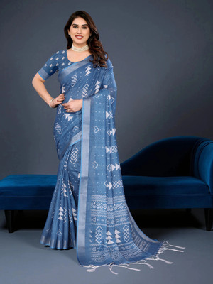 Myraani Printed Daily Wear Cotton Linen Saree(Blue)