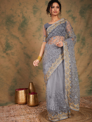 manvaa Embroidered Bollywood Net Saree(Grey)