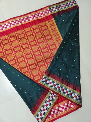 AJMERA FAISHON Temple Border Sambalpuri Cotton Blend Saree(Dark Green)