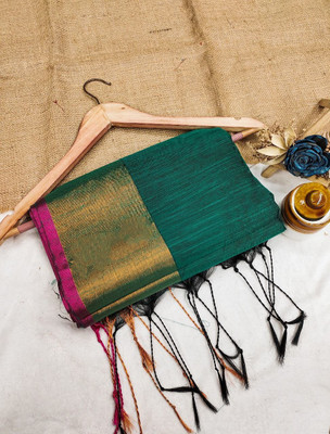 ROOP LAVANYA Woven Banarasi Khadi, Cotton Linen Saree(Dark Green)