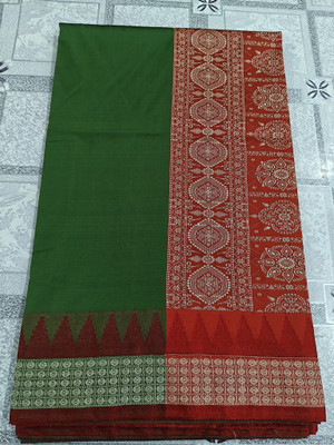Afronza Temple Border, Solid/Plain, Striped Sambalpuri Pure Silk, Dupion Silk Saree(Green, Red)