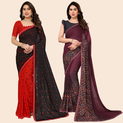 kashvi sarees Polka Print Bollywood Georgette Saree(Pack of 2, Red, Black, Brown)