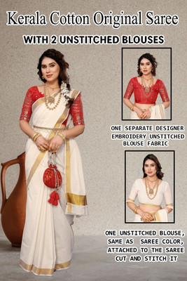Gugaliya Embellished Kasavu Pure Cotton Saree(Multicolor)