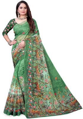 Pemal Designer Digital Print Bollywood Organza Saree(Green)