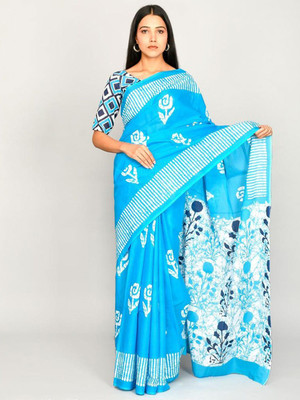 romakrishto Printed Hand Batik Pure Cotton Saree(Pack of 2, Light Blue)