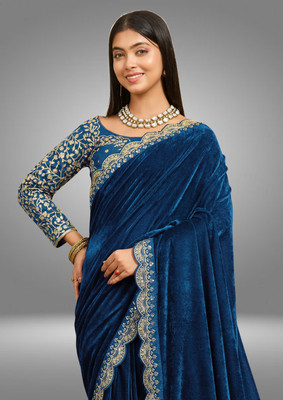 hutah Self Design, Embroidered, Woven Banarasi Cotton Blend, Velvet Saree(Multicolor)