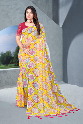 DJHANDPRINTS Printed Daily Wear Georgette Saree(Yellow, Red)