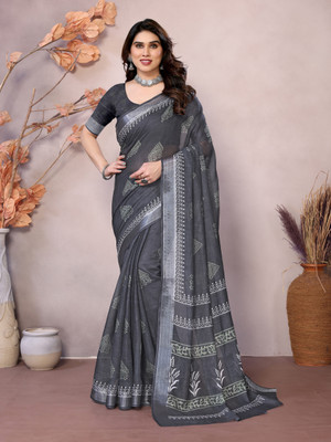 HITESH ENTERPRISE Floral Print Handloom Linen Saree(Black)