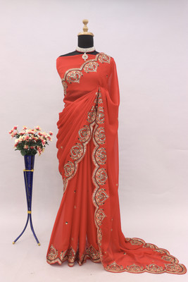 MADHAV Embroidered Bollywood Silk Blend Saree(Red)