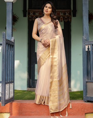 Satrani Woven, Embellished Mangalagiri Chiffon Saree(White)