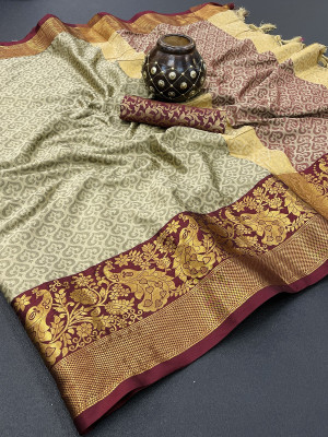 WILLMAKE Printed Bollywood Jacquard Saree(Cream, Brown)